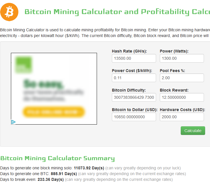 CoinWarz mining calculator partial screenshot